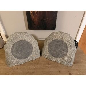 Pair Outdoor Rock Speakers Realistic Granite Gry Weatherproof Garden Patio Audio
